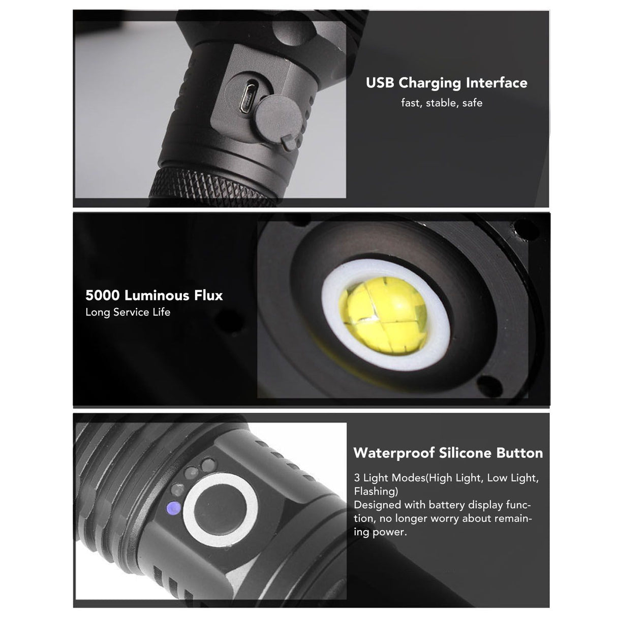 LED Flashlight Zoomable P50 Beads 5000lm 3 Light Modes Battery Display Bright Flashlight for Outdoor Adventure Camping