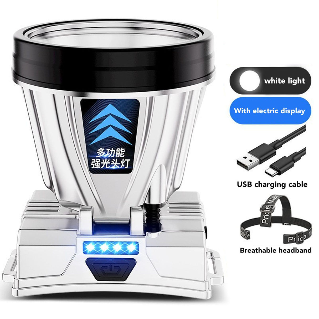Super Bright Headlamp Rechargeable 800mAh Lithium Ion Battery Waterproof High Power Headlamp with Power Display for Outdoor Activity Silver