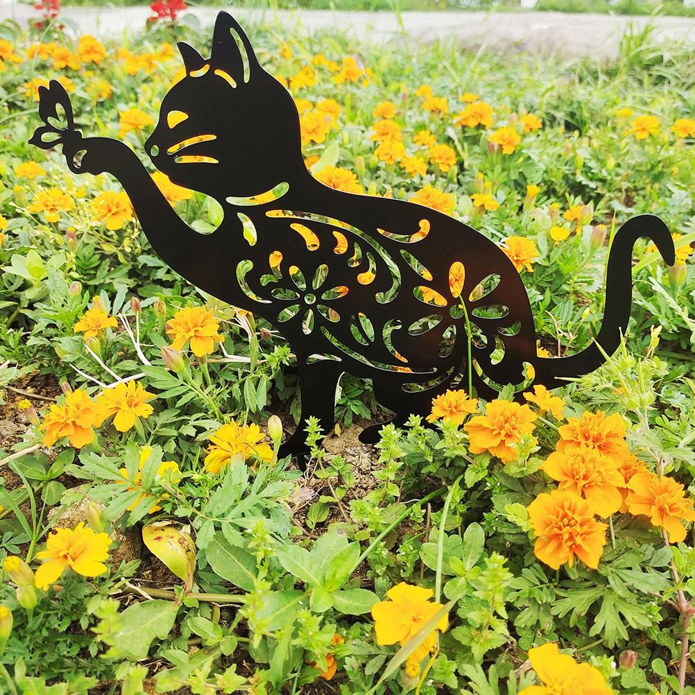 Cat Decorative Garden Stake Iron Hollow Exquisite Cat Garden Decor