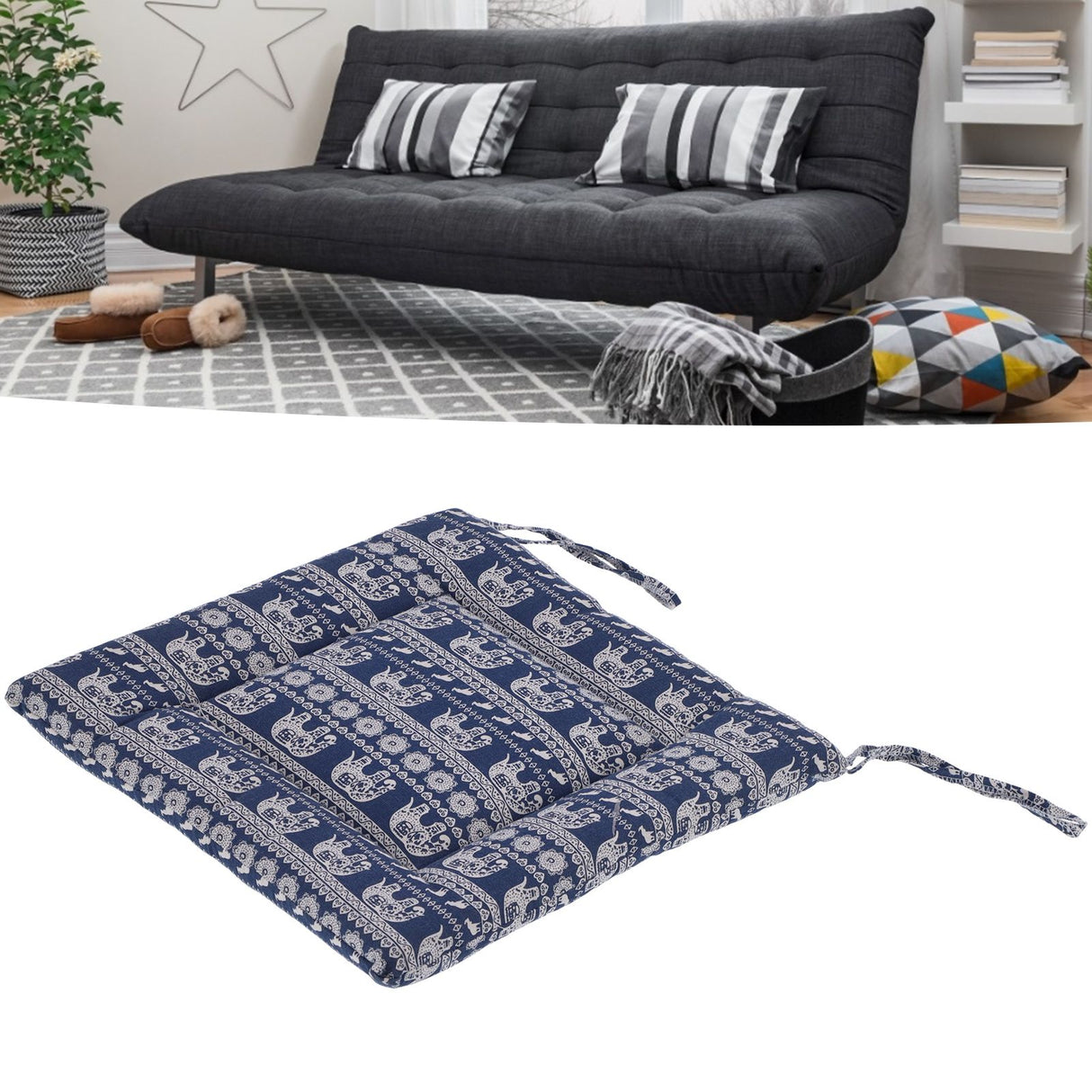 Chair Cushion Simple Pure Cotton Linen Thick NonSlip Soft Seat Cushion for Floor(Blue Elephant )