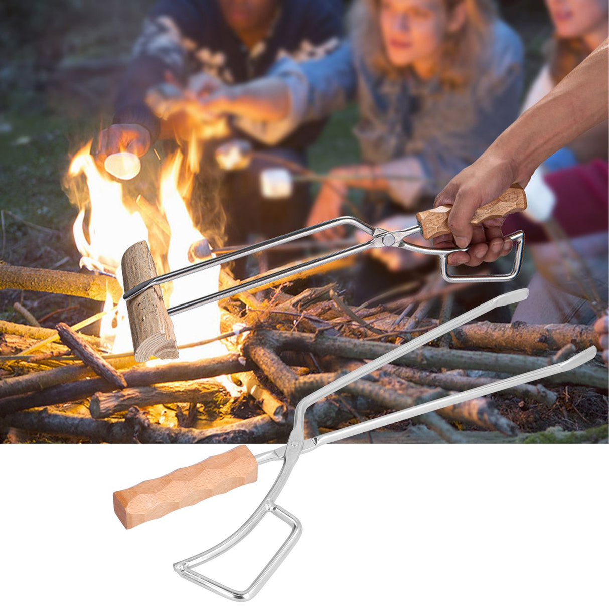 Log Tongs Beech Wood Handle Stainless Steel Clamp High Temperature Resistance Fire Tong for Outdoor Camping Picnic