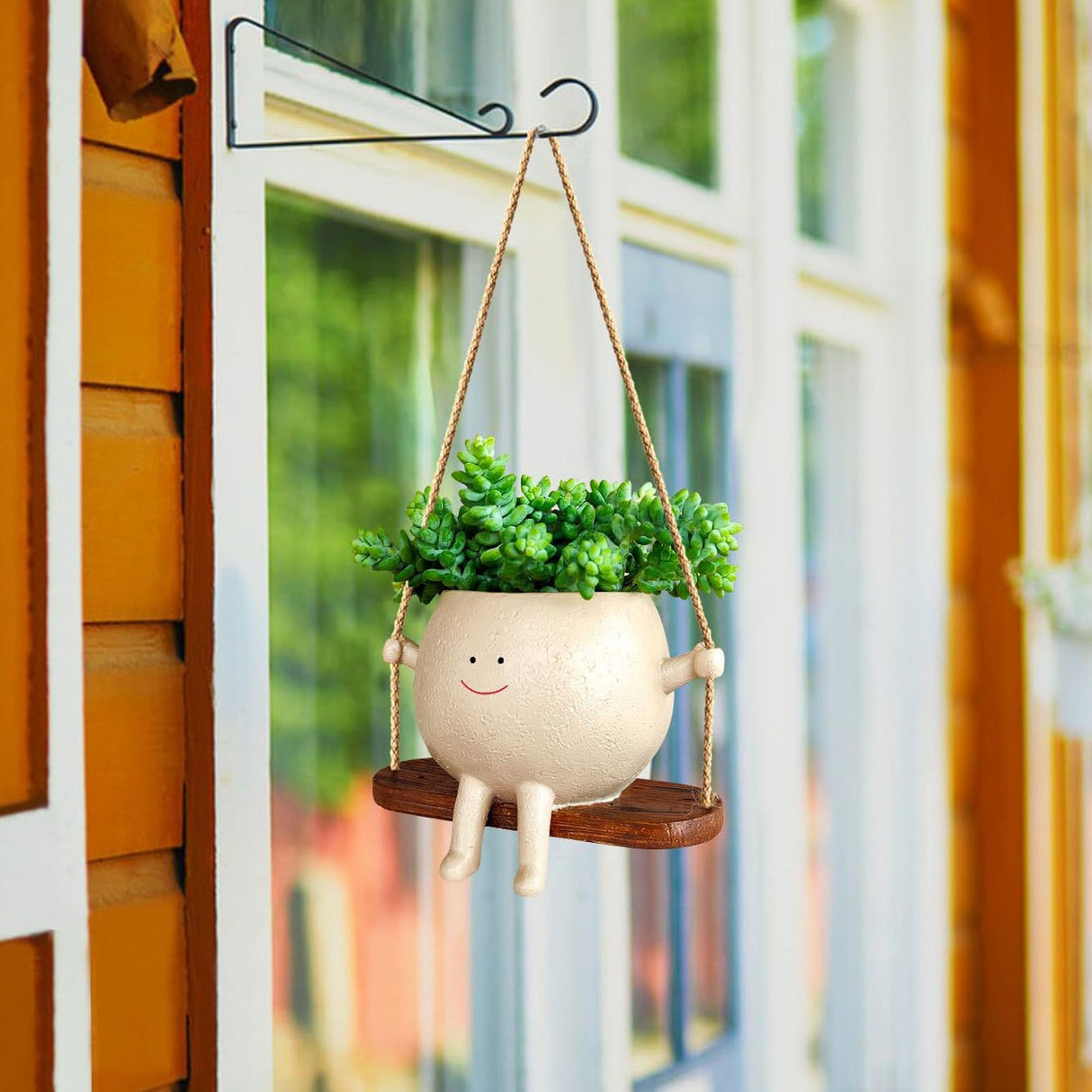 Swing Face Planter Pot Exquisite Lovely Unique Resin Hanging Planter with Rope for Plants Succulent