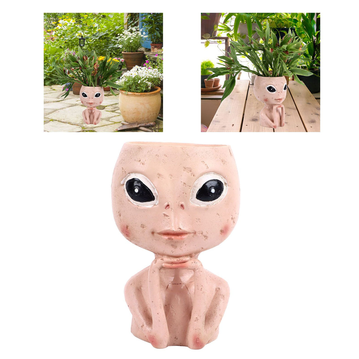 Head Planter Resin Unique Succulent Flower Pot Open Eyed Alien Face Planter Desktop Ornament with Drainage Hole for Indoor Outdoor Decoration