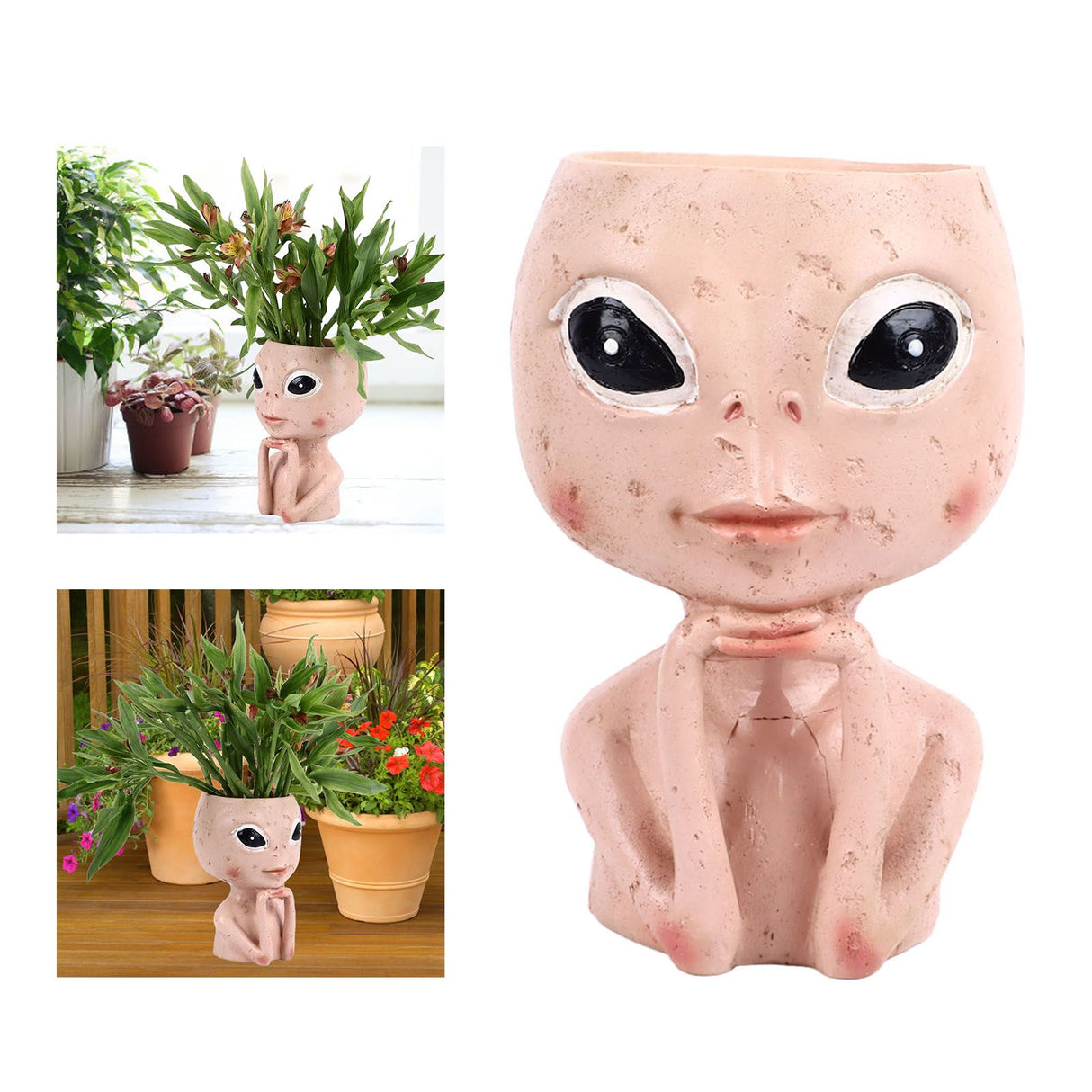 Head Planter Resin Unique Succulent Flower Pot Open Eyed Alien Face Planter Desktop Ornament with Drainage Hole for Indoor Outdoor Decoration