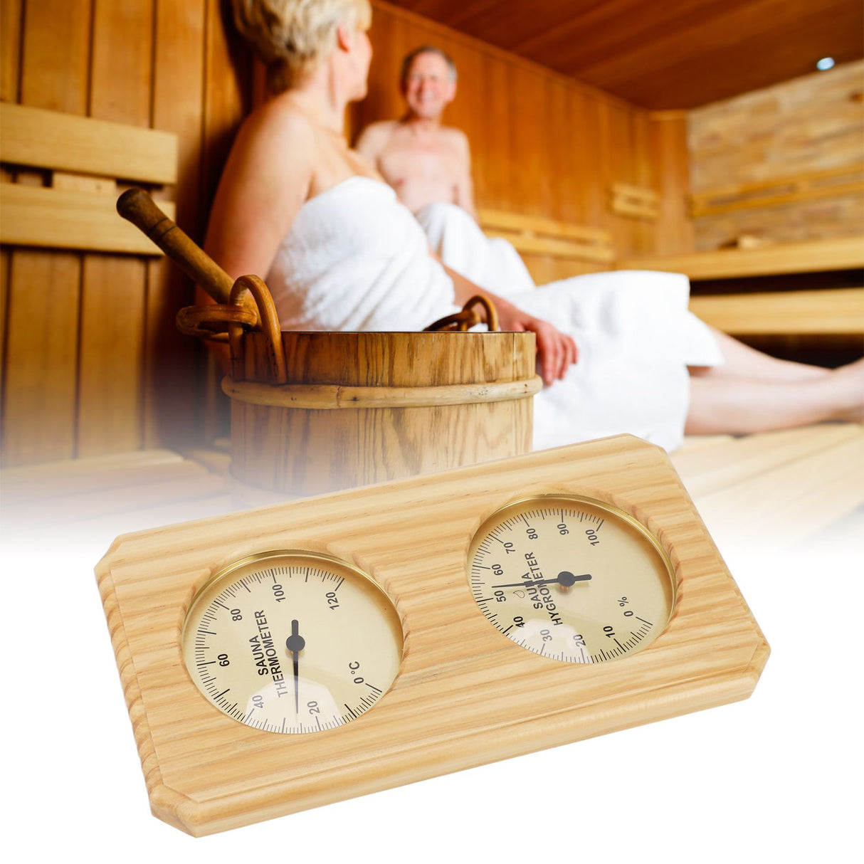 Wooden Sauna Hygrothermograph Golden Plate 0 to 120 Celsius 0 to 100 Humidity Sauna Thermometer for Indoor Family