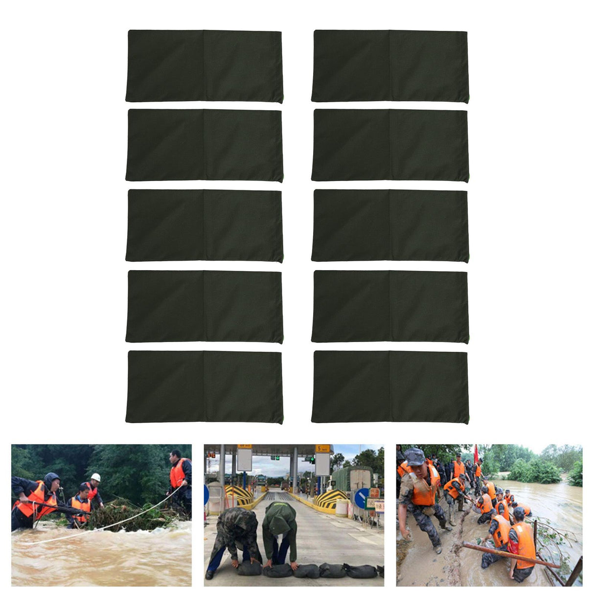10pcs Flood Sandbags Empty Thickened 600D Polyester Bendable Drawstring Flood Control Bags for Door Garage Basement Dark Green