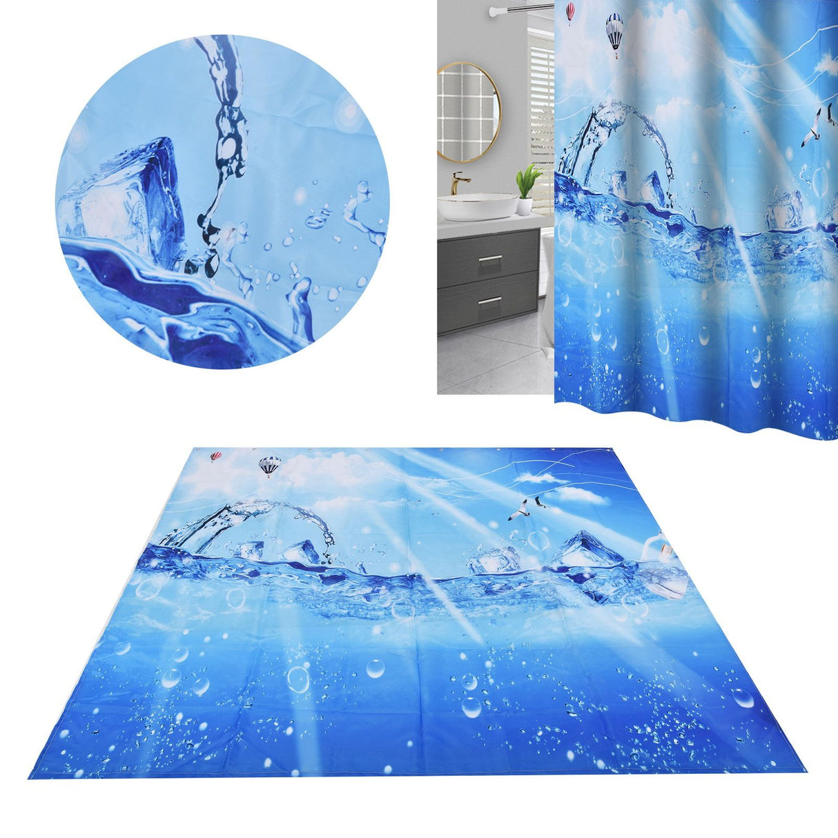 Shower Curtain Polyester Fiber Waterproof Colorful Printing with 12pcs Hook for Home Bathroom180x180cm