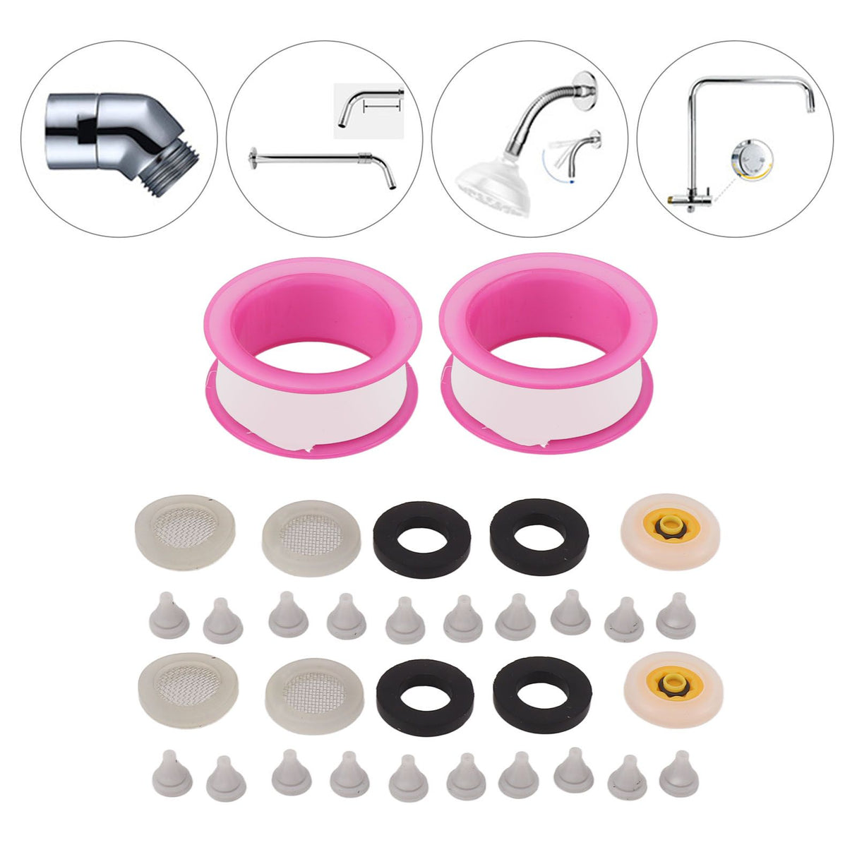 2 Set Silicone Shower Head Nozzles with Rubber Gasket Screen Flow Restrictor PTFE Tape Kit