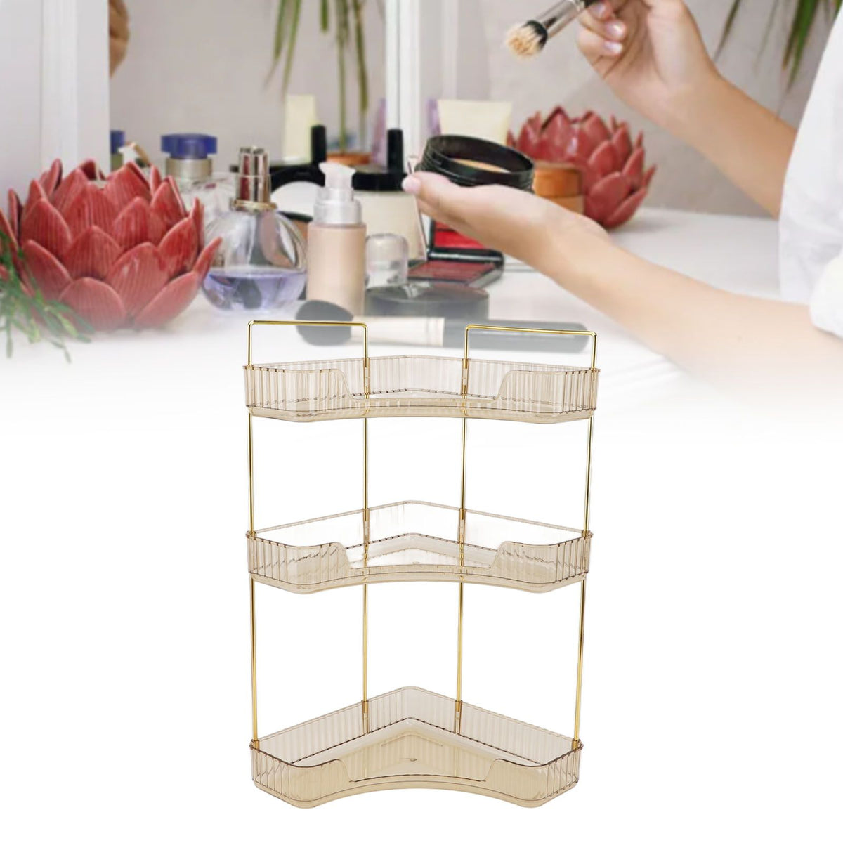 3 Tier Makeup Shelf Organizer Easy Access Aesthetic Corner Bathroom Countertop Organizer for Cosmetics Skincare Amber
