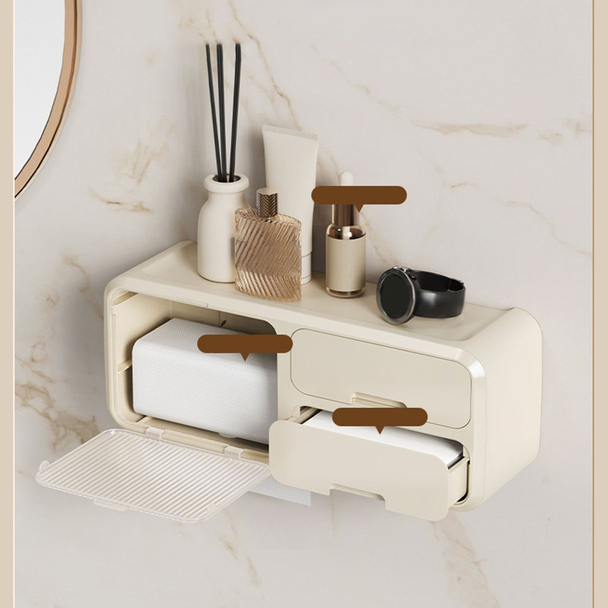 Drill Free Bathroom Tissue Storage Box Waterproof Bathroom Toilet Paper Holder Wall Mounted Toilet Paper Organizer Beige