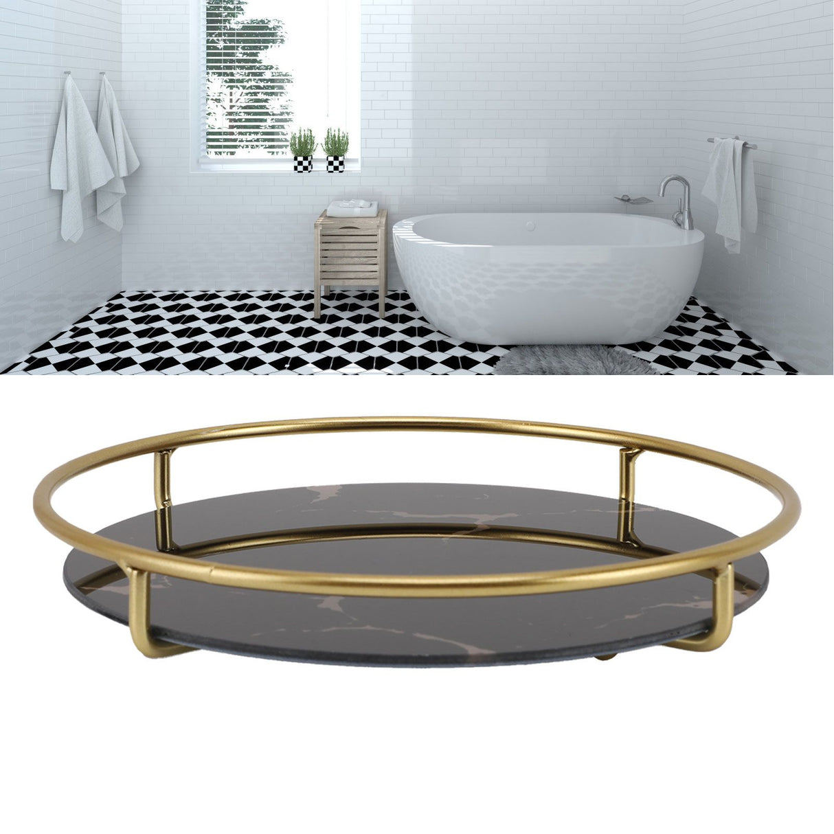 Bathroom Tray Skid Resistant Bathroom Vanity Tray Stylish Elegant Countertop Organizer Tray for Cosmetics Jewelry Black Round