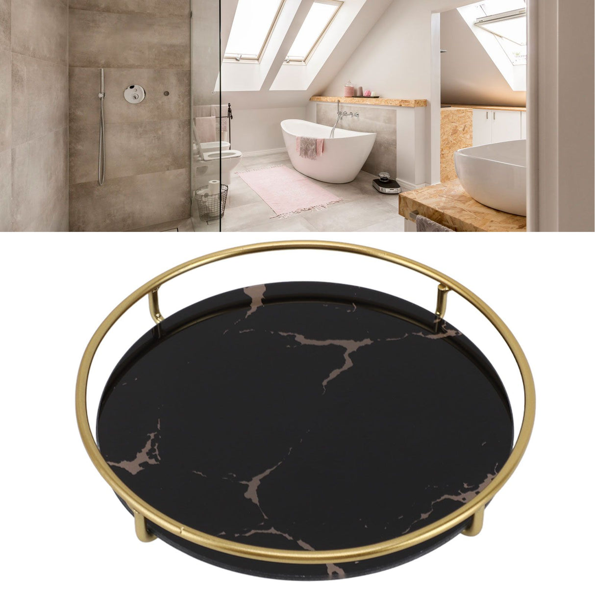 Bathroom Tray Skid Resistant Bathroom Vanity Tray Stylish Elegant Countertop Organizer Tray for Cosmetics Jewelry Black Round