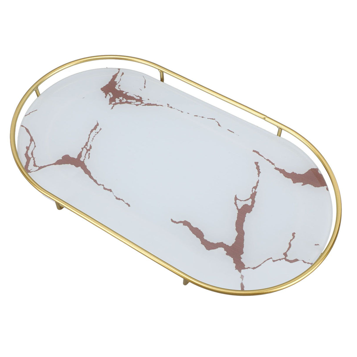 Bathroom Storage Tray Light Luxury Decorative Golden Texture Oval Bathroom Organiser Tray for Soap Towel Paper Napkins Jewellery Makeup White Base