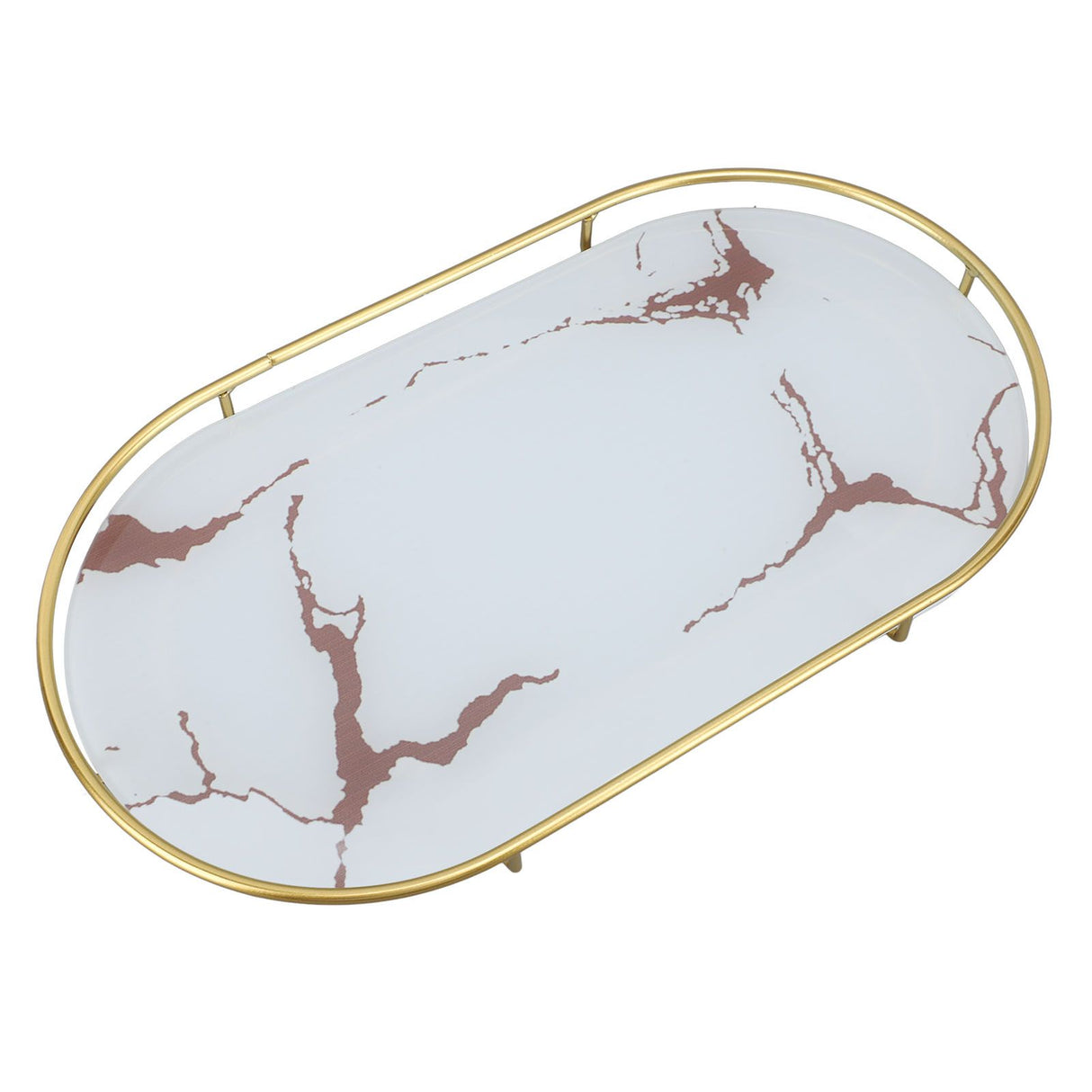 Bathroom Storage Tray Light Luxury Decorative Golden Texture Oval Bathroom Organiser Tray for Soap Towel Paper Napkins Jewellery Makeup White Base