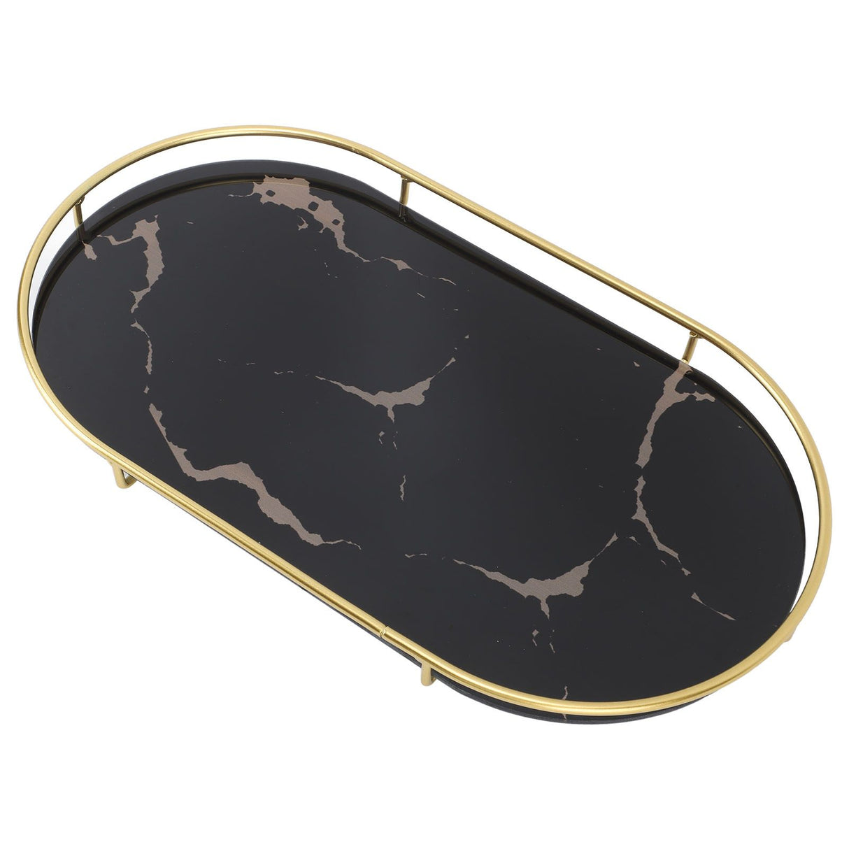 Bathroom Storage Tray Light Luxury Decorative Golden Texture Oval Bathroom Organiser Tray for Soap Towel Paper Napkins Jewellery Makeup Black Base
