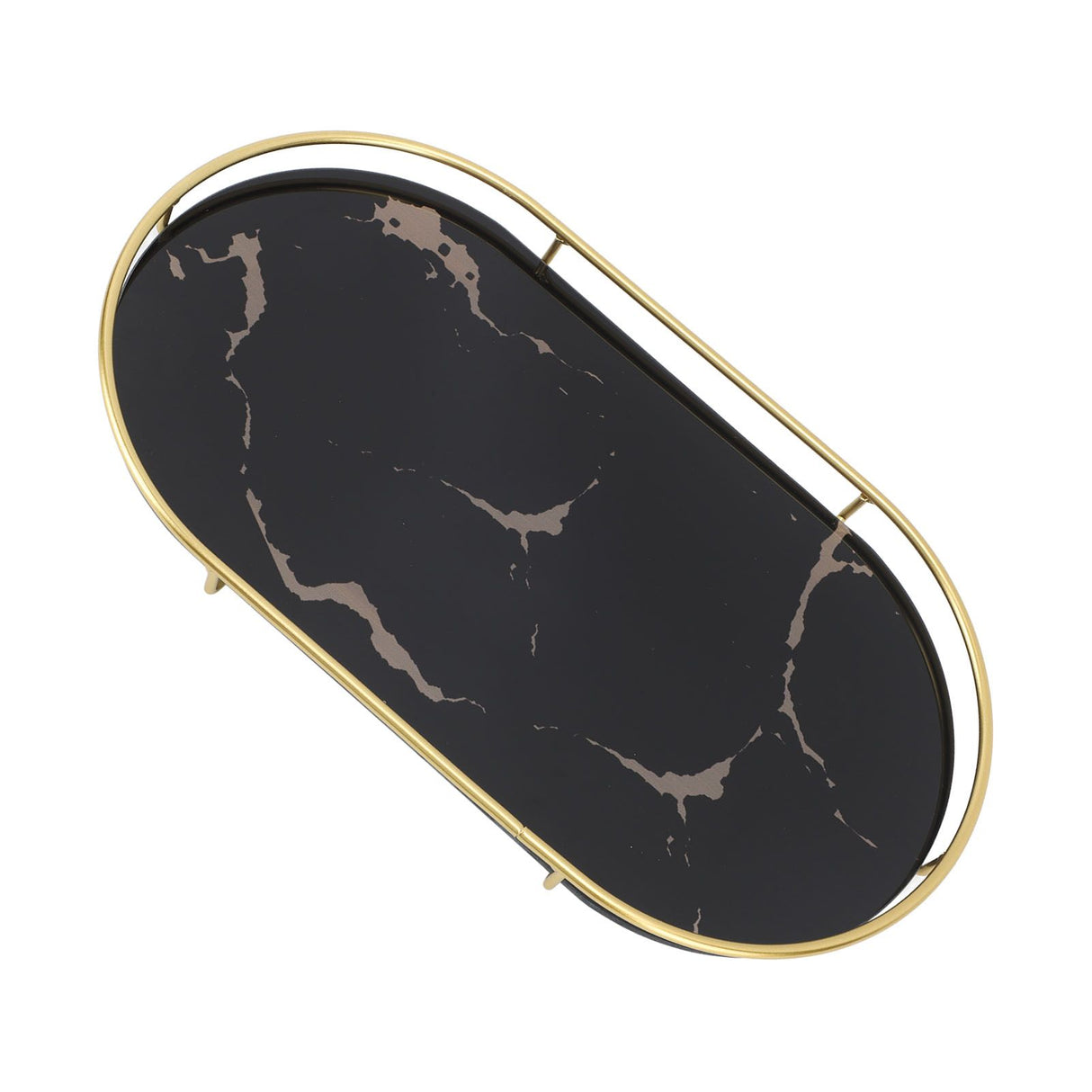 Bathroom Storage Tray Light Luxury Decorative Golden Texture Oval Bathroom Organiser Tray for Soap Towel Paper Napkins Jewellery Makeup Black Base