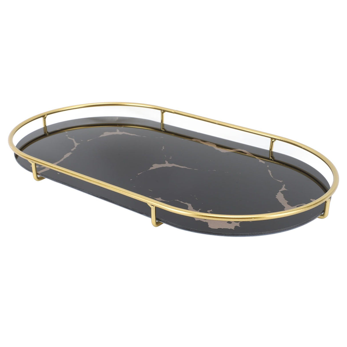 Bathroom Storage Tray Light Luxury Decorative Golden Texture Oval Bathroom Organiser Tray for Soap Towel Paper Napkins Jewellery Makeup Black Base