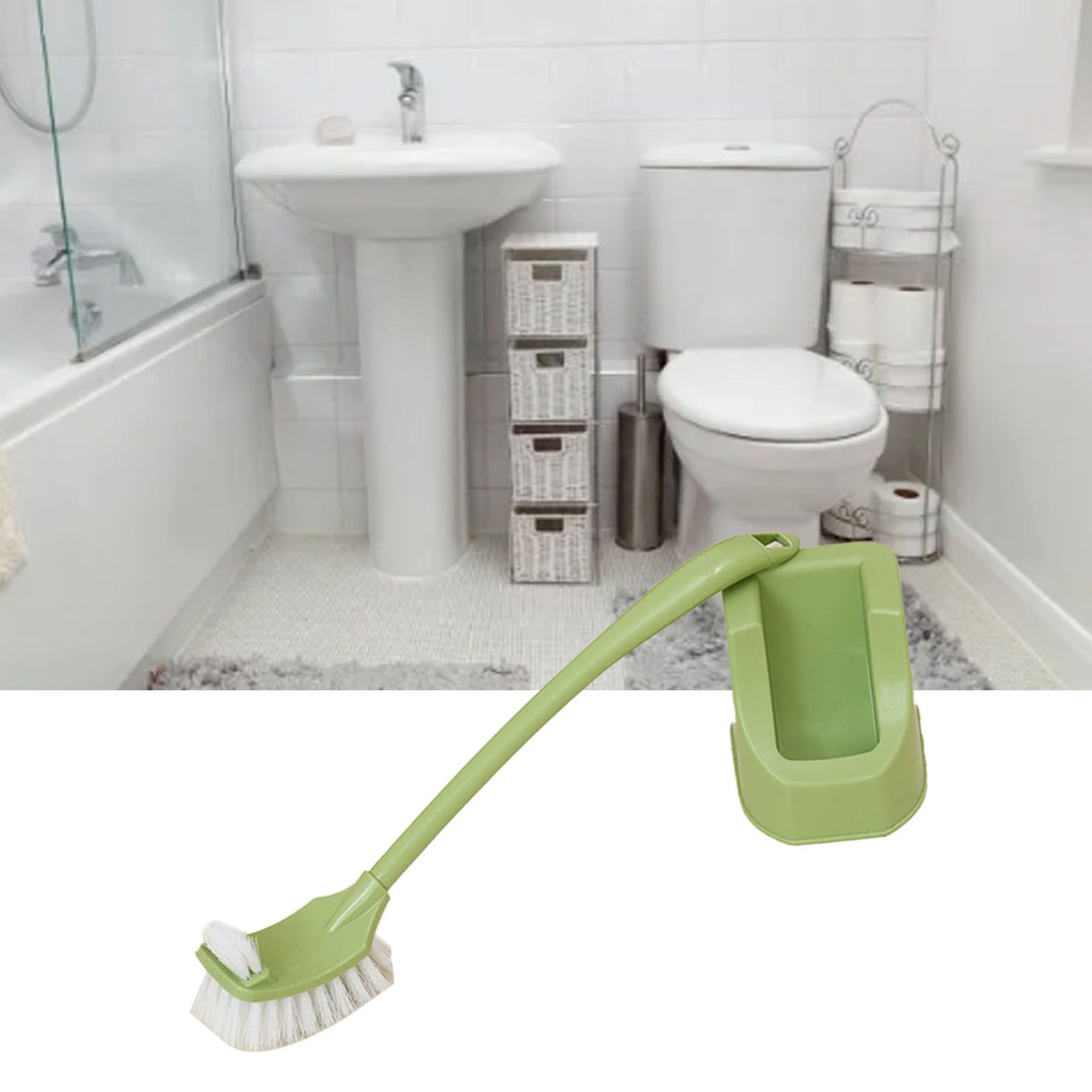 Toilet Brush Set Plastic Double Sided Brush Head Toilet Scrubber Holder Set for Home Hotel Bedroom Green