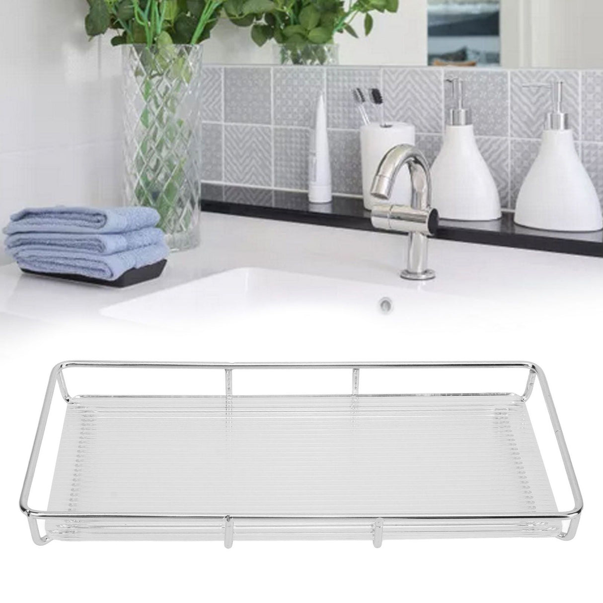 Bathroom Countertop Tray Stainless Steel Acrylic Modern Minimalist Design Space Saving Bathroom Storage Shelf Vanity Tray for Cosmetics Living Goods Silver Single Layer Large Size