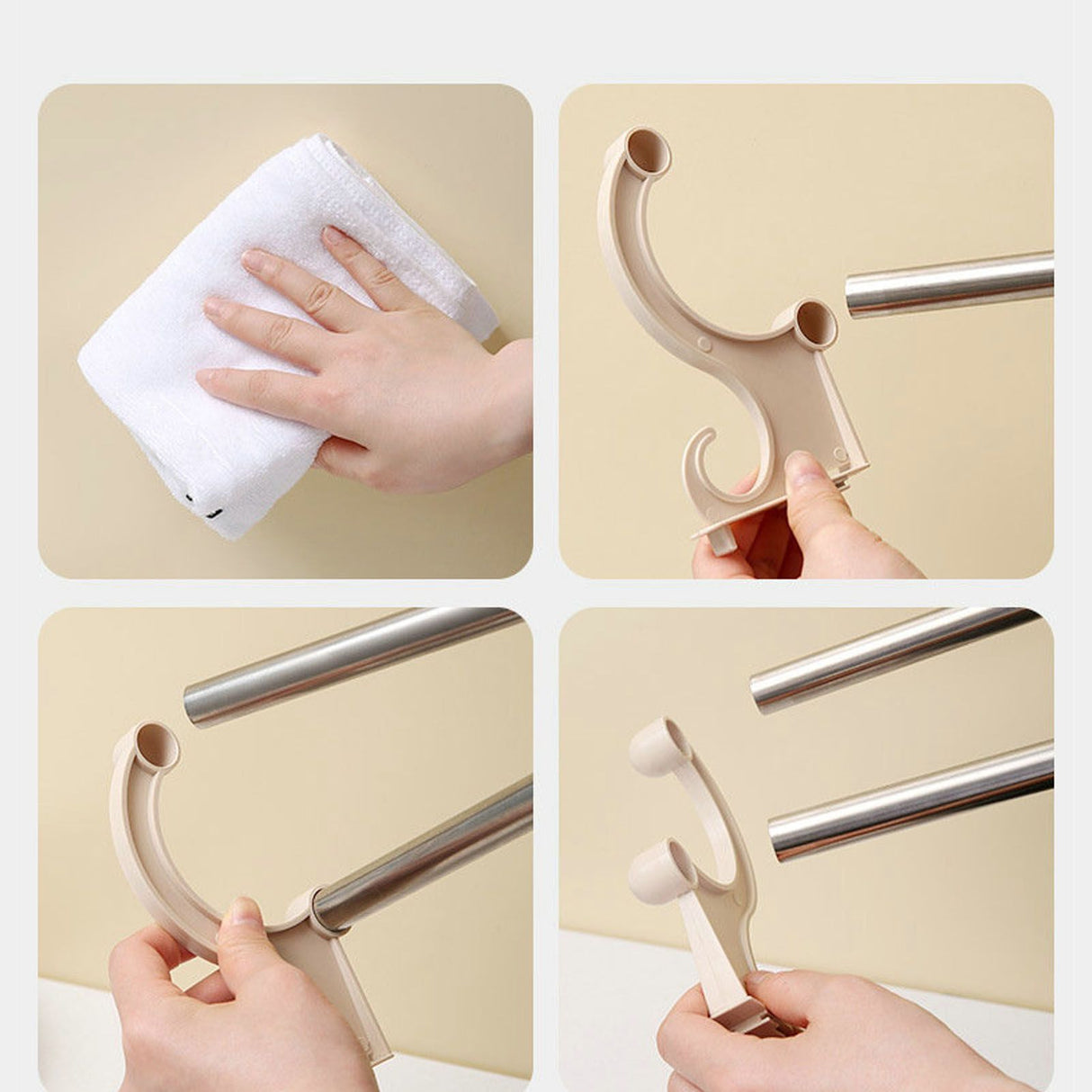 Double Towel Bar Plastic Stainless Steel Bath Towel Rack for Bathroom Double Towel Holder Wall Mount Towel Hanger Beige