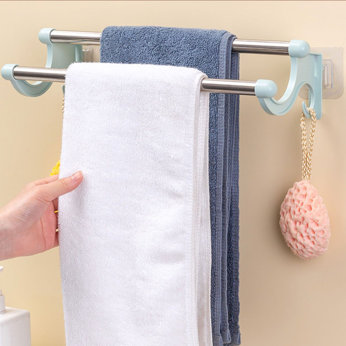 Double Towel Bar Plastic Stainless Steel Bath Towel Rack for Bathroom Double Towel Holder Wall Mount Towel Hanger Green