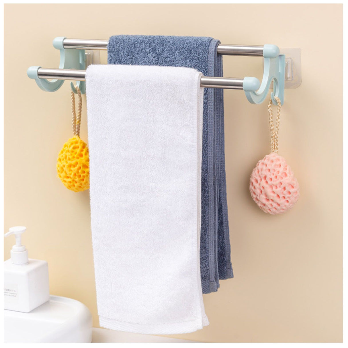 Double Towel Bar Plastic Stainless Steel Bath Towel Rack for Bathroom Double Towel Holder Wall Mount Towel Hanger Green