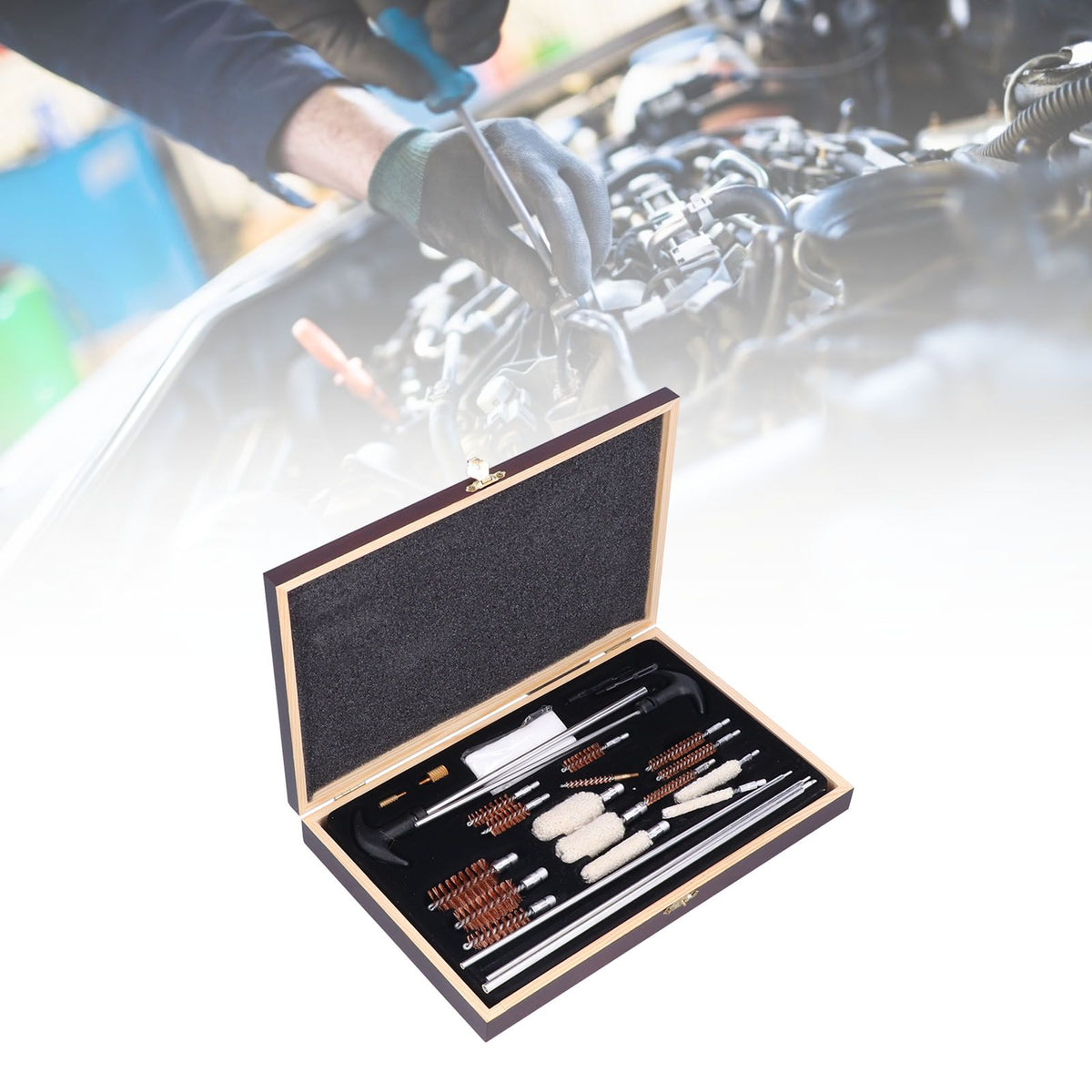 Gun Cleaning Kits Prevent Scratches Easily Storage Electrical Maintenance Cleaning Brush for AutomobileGK06 Aluminum Rod Wooden Box Set 24 Woolly
