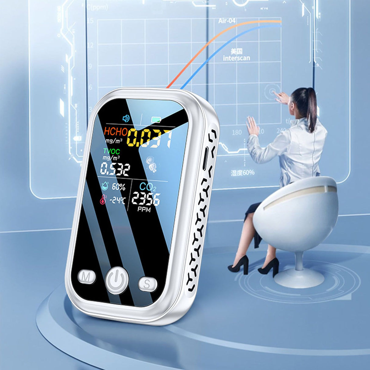 5 in 1 Air Quality Monitor Multifunctional Smart Portable CO2 Humidity Temperature Detector for Indoor Home White