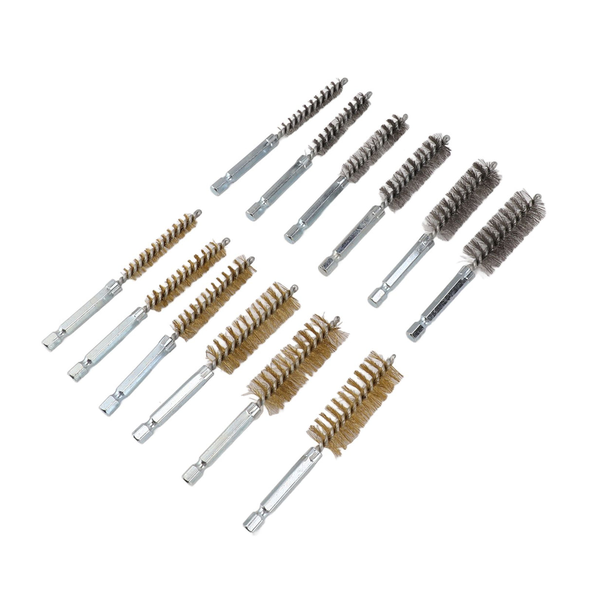 12PCS Bore Brush Copper and Iron 304 Stainless Steel Bristles Wire Brush for Power Drill with Hex Shank Handle