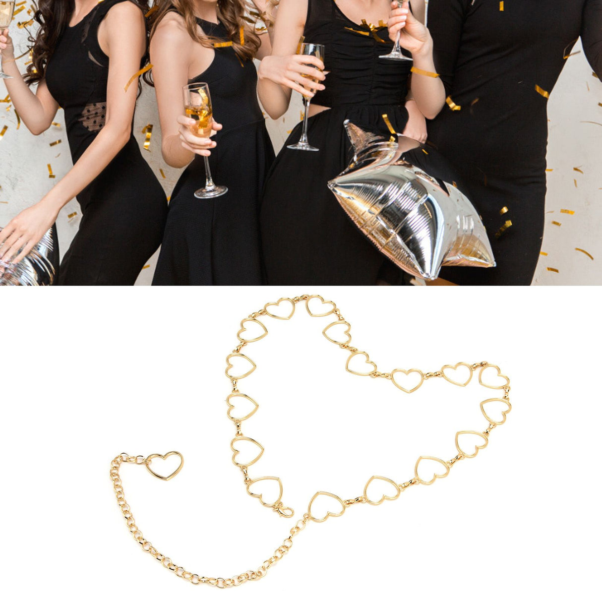 Waist Chain Belt Metal Shiny Rhinestones Golden Love No Allergies All Match Gold Chain Belt for Shorts Suits Shirts Dresses