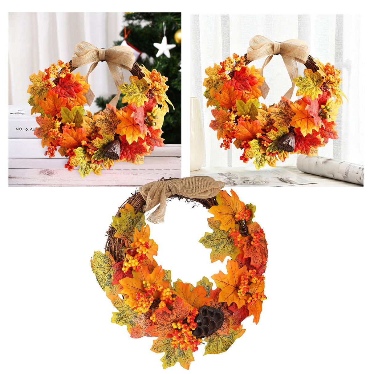 Artificial Fall Wreath Door Hanging Maple Leaf Wreath Garland Home Festival Decoration