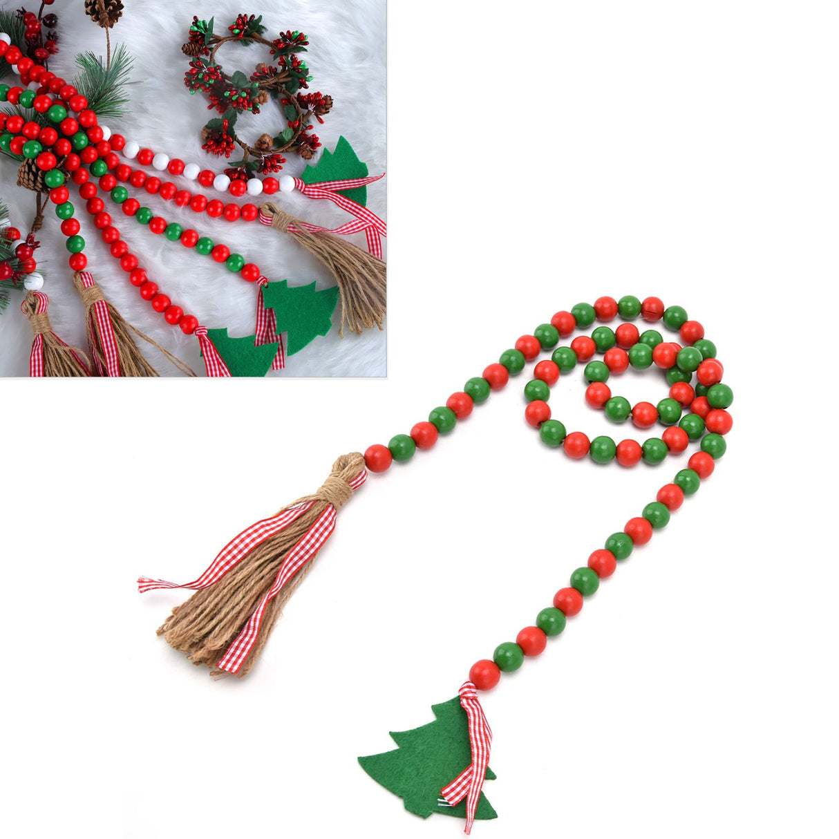Wood Bead Garland Christmas Tree Tassel Wooden Bead Ornaments for Home Festival Decoration(Red Green )