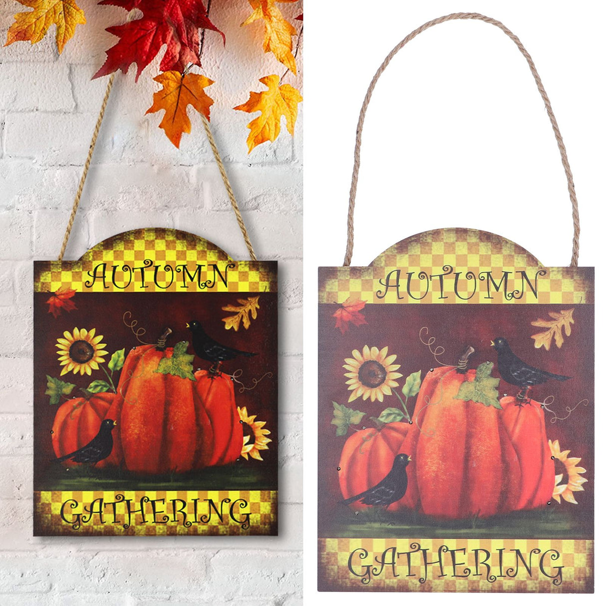 Pumpkin Turkey Pattern Wooden Hanging Board Sign with LED Light for Indoor Outdoor Thanksgiving