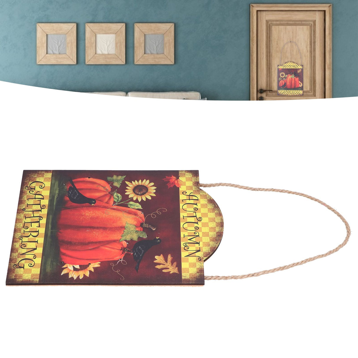 Pumpkin Turkey Pattern Wooden Hanging Board Sign with LED Light for Indoor Outdoor Thanksgiving