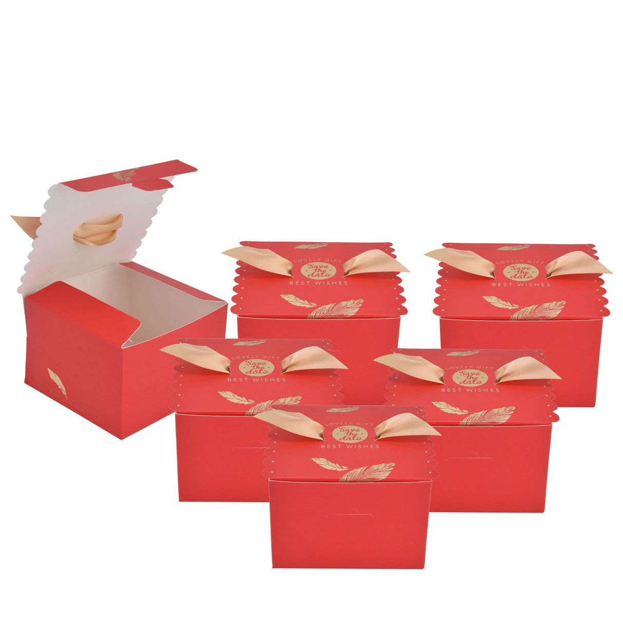 50Pcs Square Wedding Candy Box with Golden Ribbon Innovative Paperboard Box for Party AnniversaryL Red Gold Feather