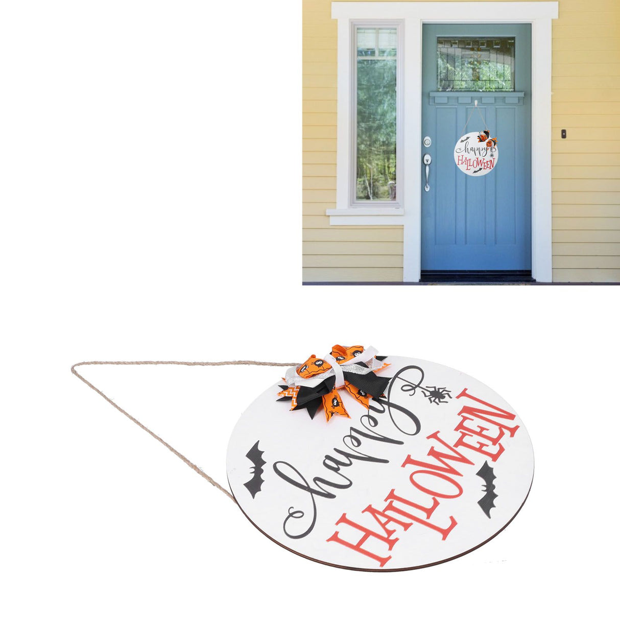 Spider Bat Design Wooden Welcome Sign Hanging Front Door Sign Board for Home FestivalWith Bowknot