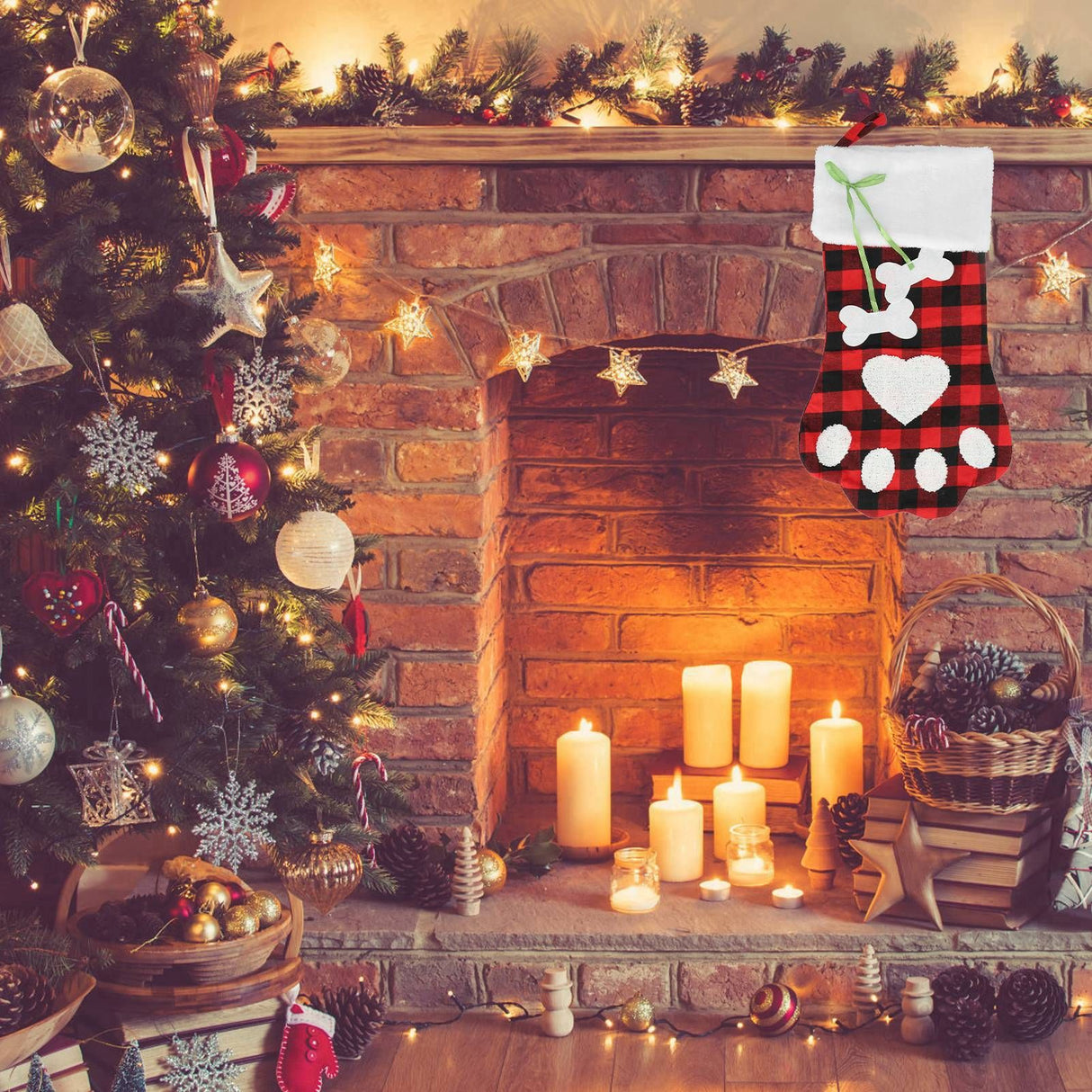Paw Christmas Stockings Cute Dog Paw Hanging Christmas Stockings for Holiday Christmas DecorationsBlack and Red Plaid
