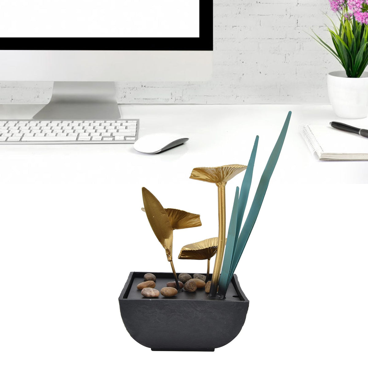 Indoor Tabletop Fountain Lotus LED Waterfall Fountain Ornament Feng Shui Art Craft Home DecorationAU Plug Yellow Light AC220‑240V