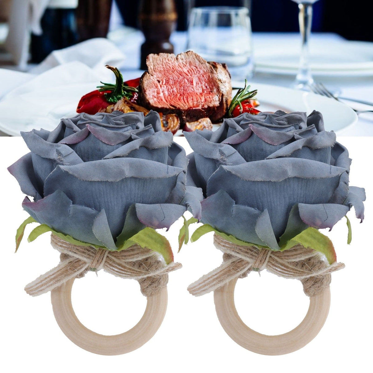 2Pcs Novelty Wooden Napkin Buckle Artificial Floral Napkin Ring for Festival Table DecorationNavy
