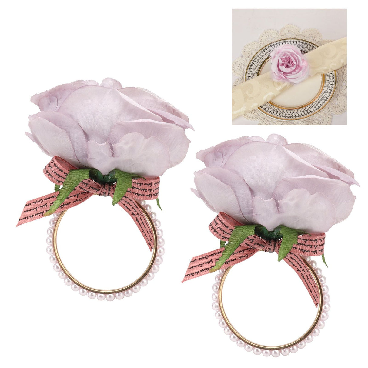 2Pcs Iron Napkin Buckle Simulation Flower Artificial Pearl Napkin Ring for Hotel FestivalPurple