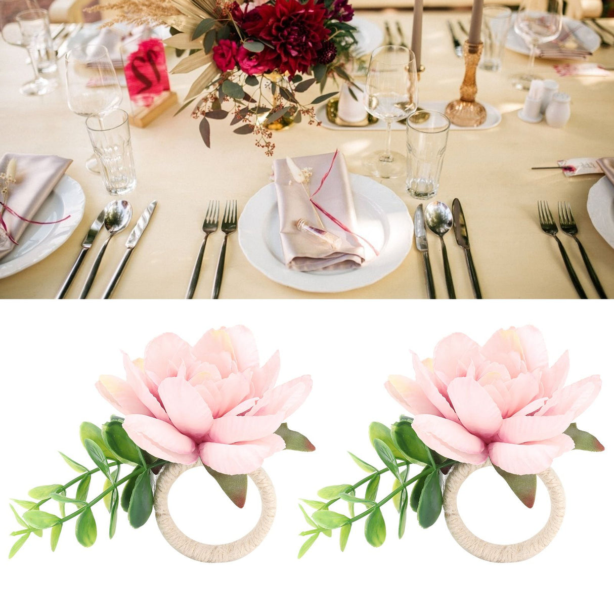 2Pcs Hemp Rope Napkin Buckle Simulation Flower Napkin Ring for Hotel Western Restaurant6622 Pink
