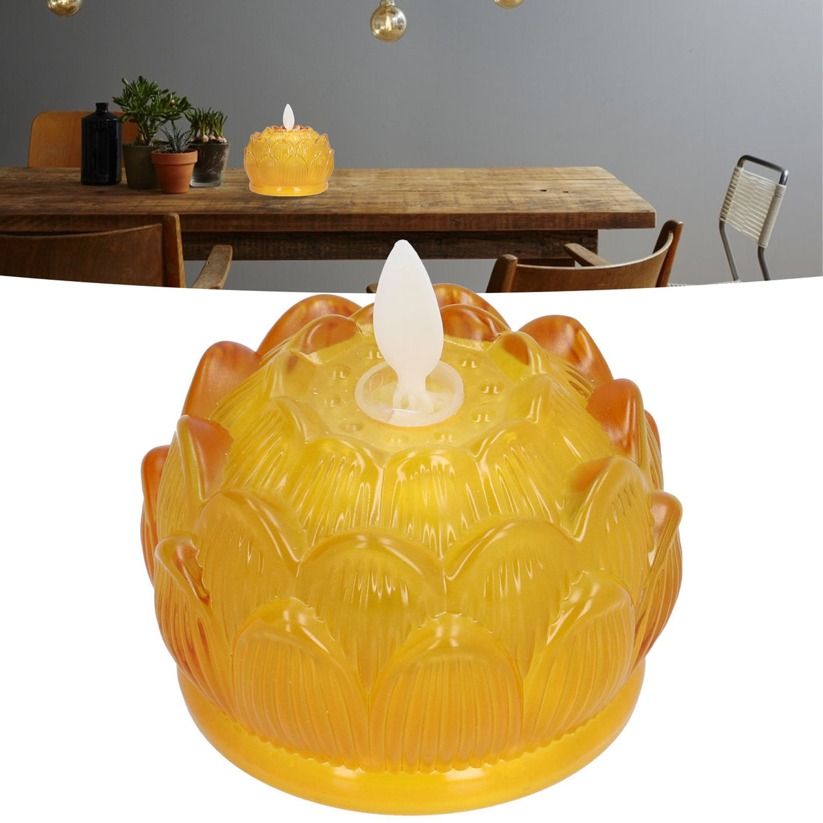 LED Flower Lamp Imitation Glass Yellow Light Electronic Candle Lotus Flower Decor for Home OfficeYellow