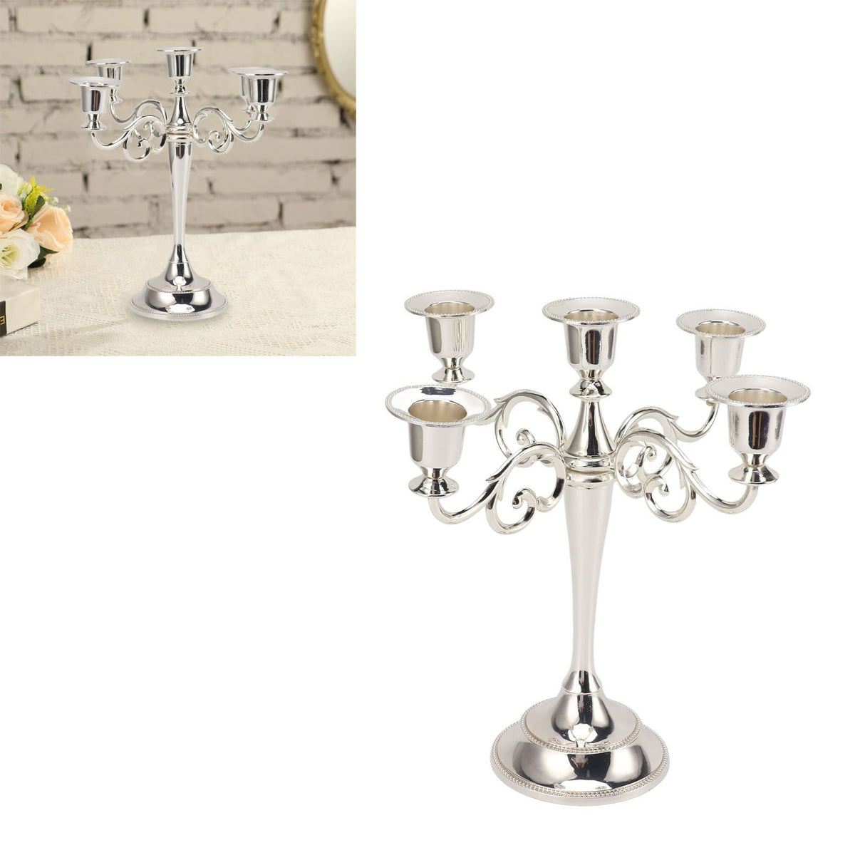 5 Arm Candlestick Holder Iron Retro Decorative Candle Holder Centerpiece for Home Church Silver