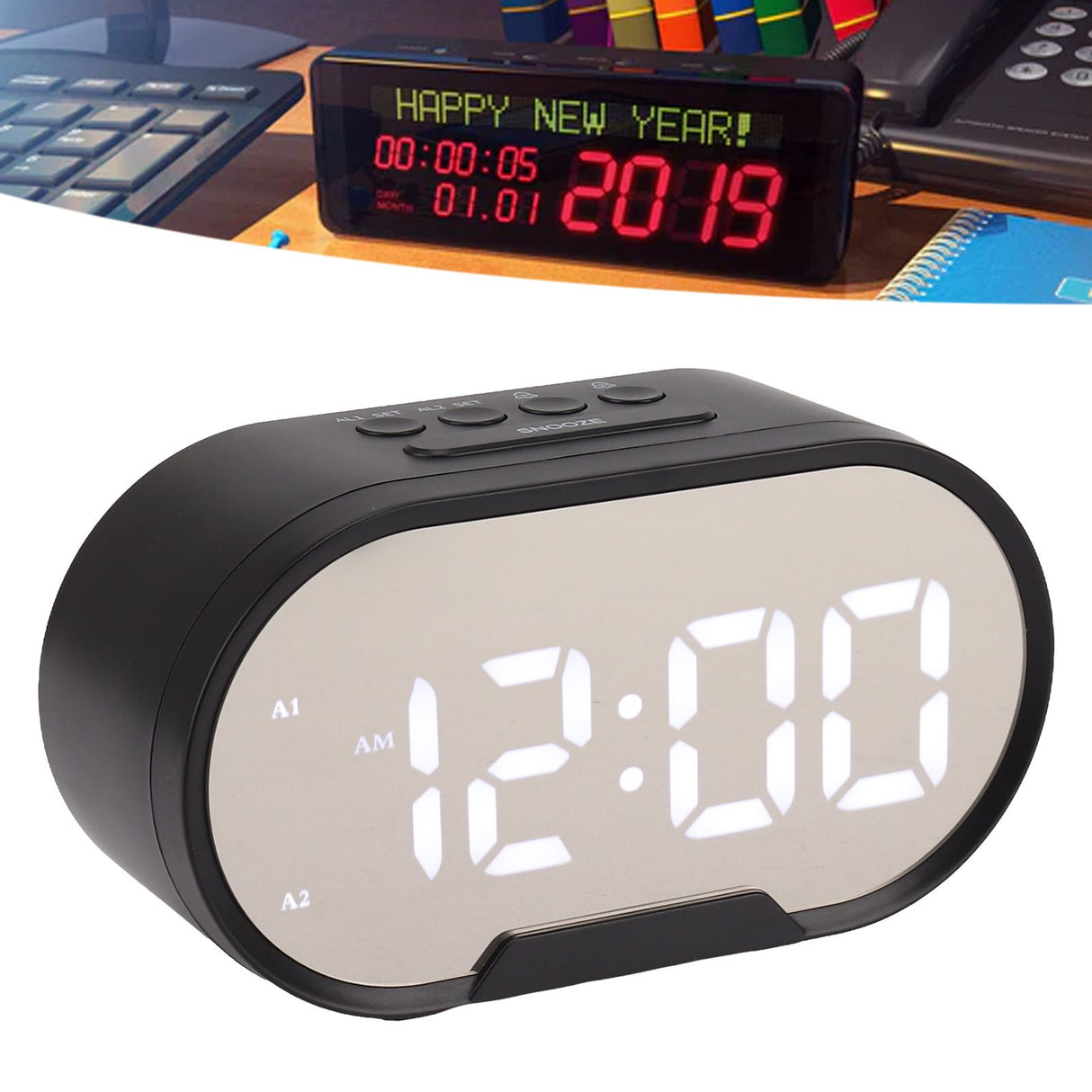 Digital Alarm Clock USB LED Display White Light Mirror Electronic Desktop Clock for Bedroom Living Room Office Black Case