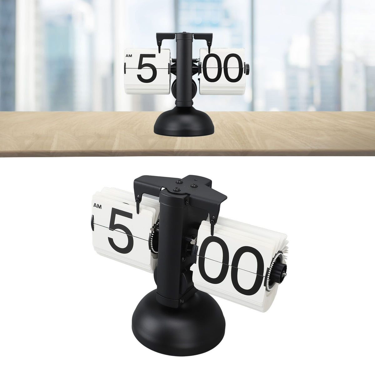 European Style Retro Digital Flip Down Clock 304 Stainless Steel Auto Mechanical Digital Flip Desk Clock for Home Livingroom 12 Hours Single Leg Black Frame White Page