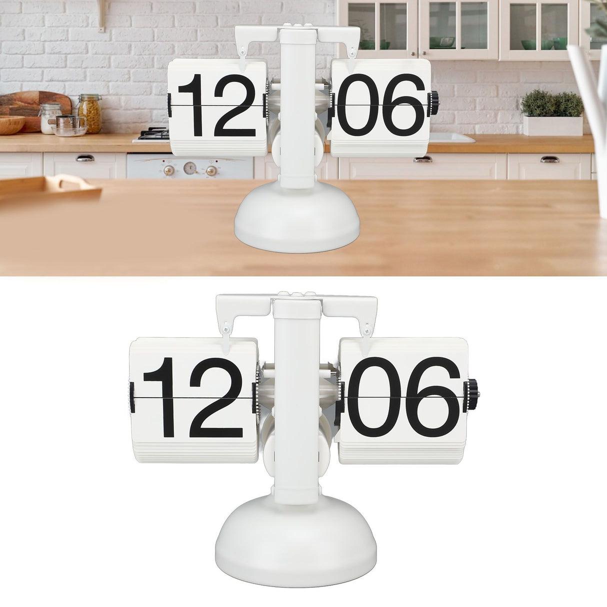 Flip Clock Large Number Battery Powered 304 Stainless Steel Tabletop Retro Flip Clock for Home Office 24 Hours All White