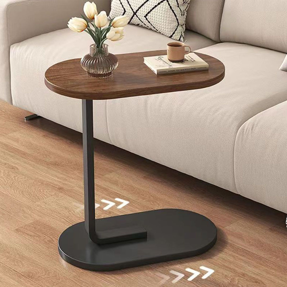 Sofa Side Table Modern Simple Portable for Living Room Bedroom Walnut Color Black Frame