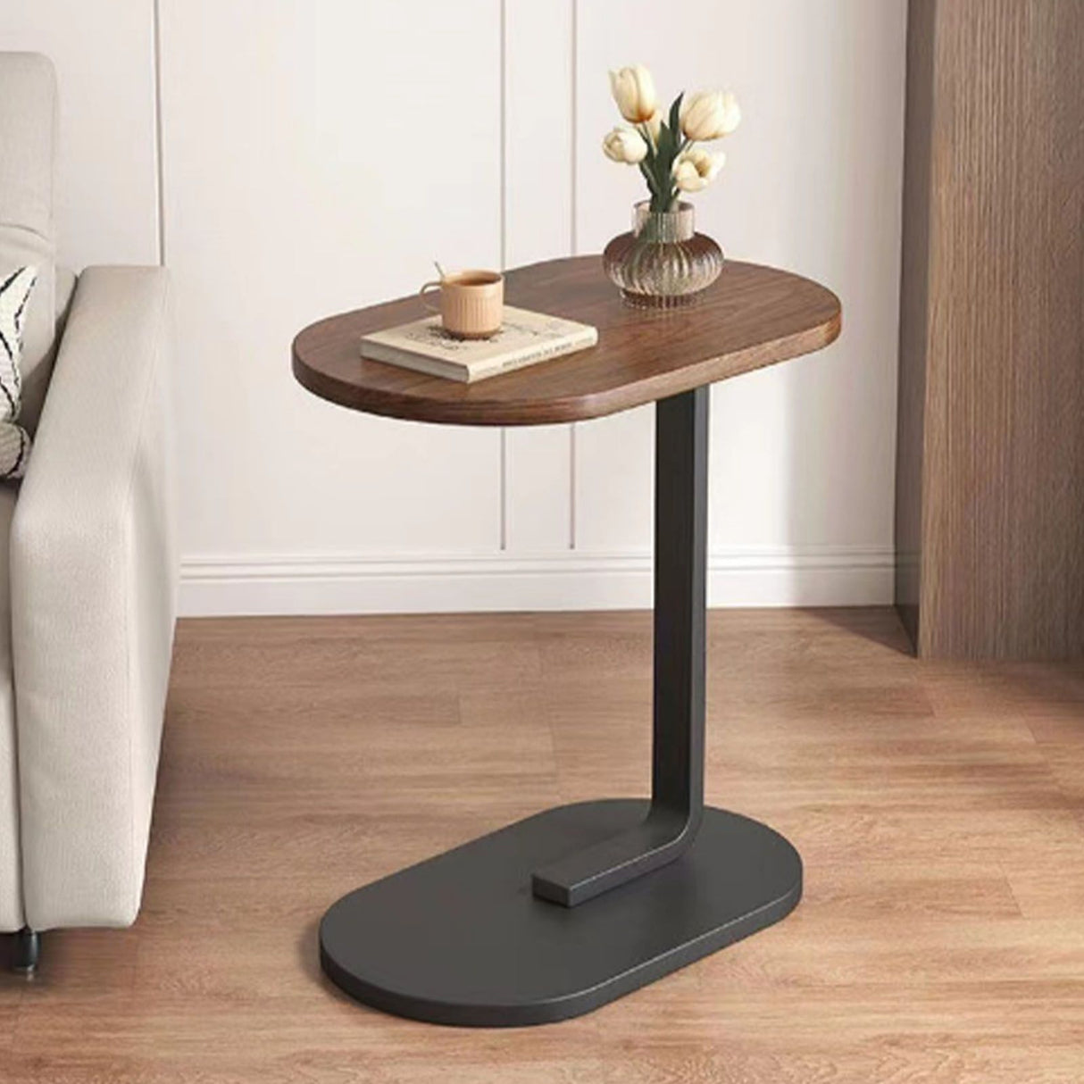 Sofa Side Table Modern Simple Portable for Living Room Bedroom Walnut Color Black Frame