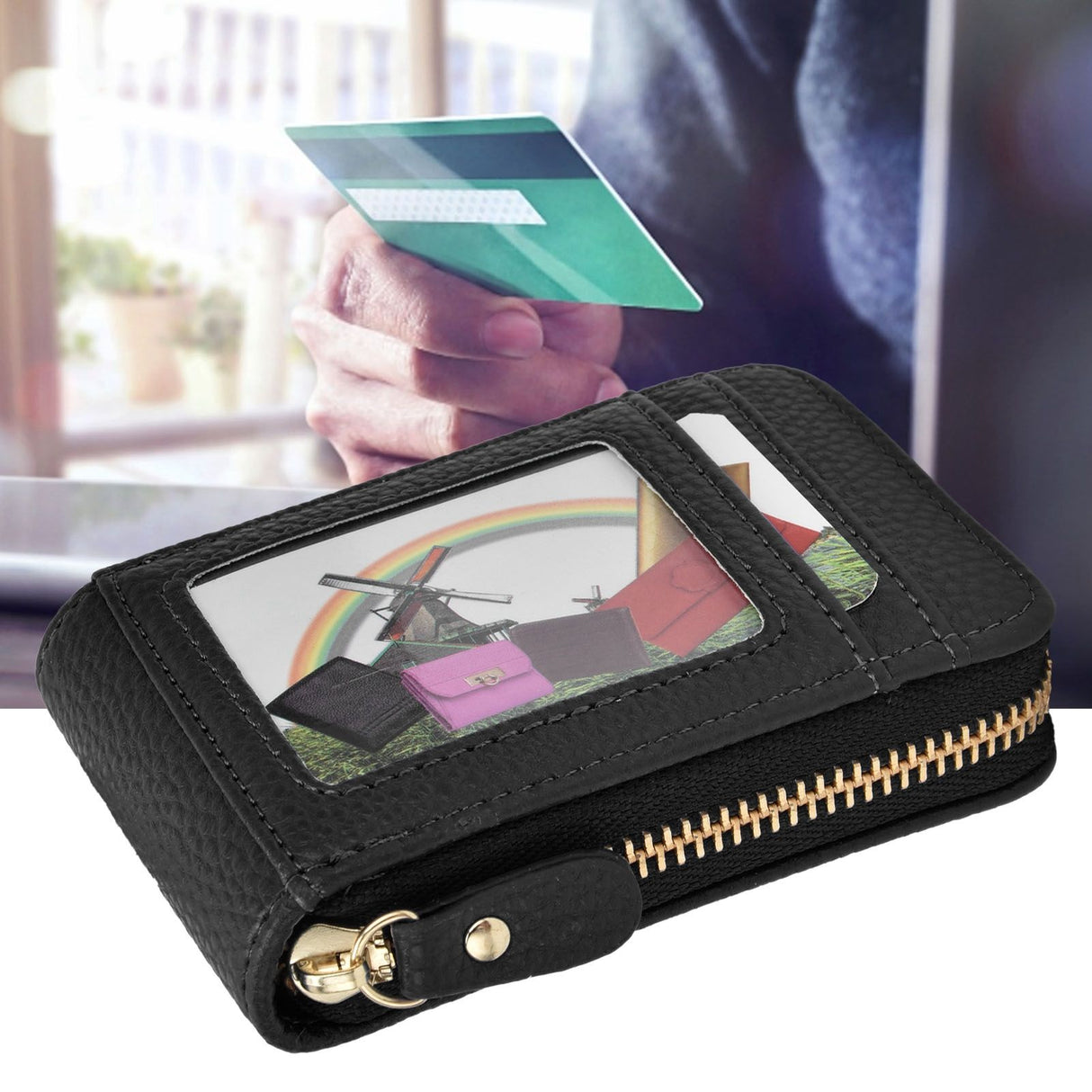 Credit Card Bag with Zipper Fashionable Mini Portable Antimagnetic ID Cards Holder Wallet PurseBlack