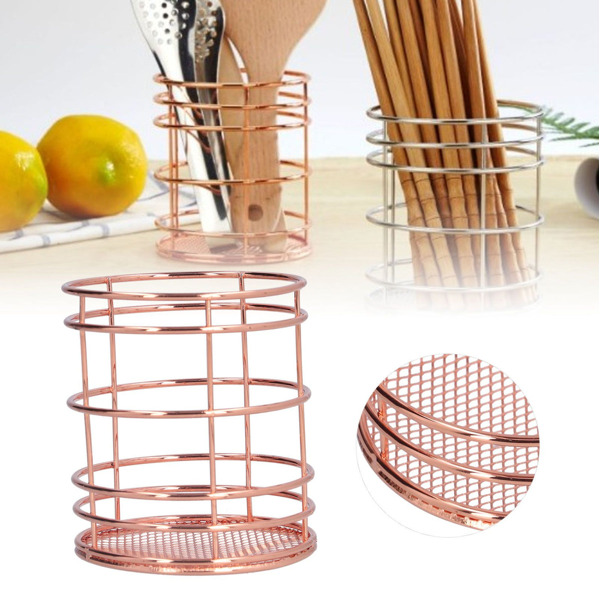 Round Hollow Chopstick Cage Multifunctional Desktop Pen Holder Organizer for Home KitchenRose Gold (J13454CP)